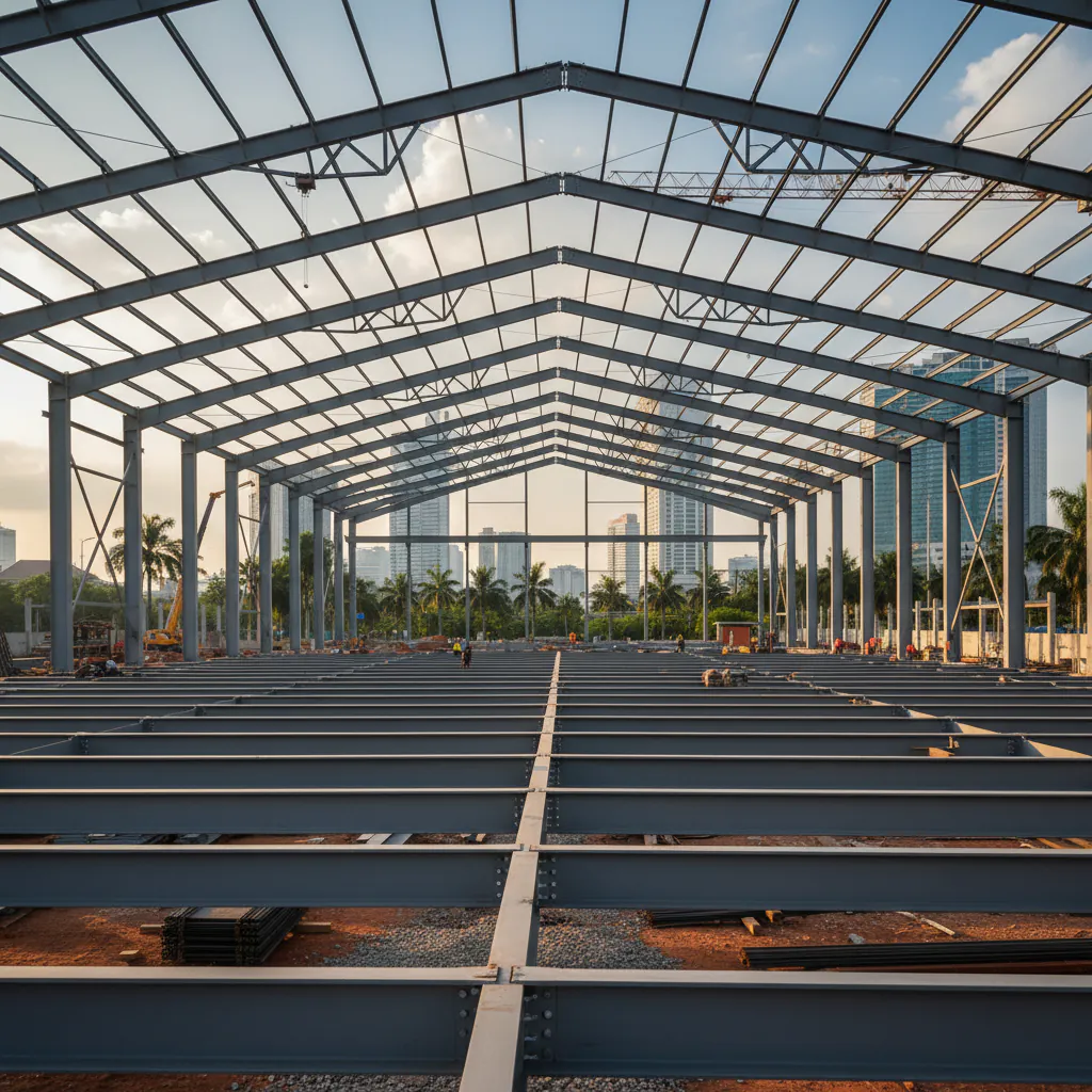 Rangka konstruksi baja modern di Indonesia, arsitektur profesional, siap untuk bangunan proyek besar.