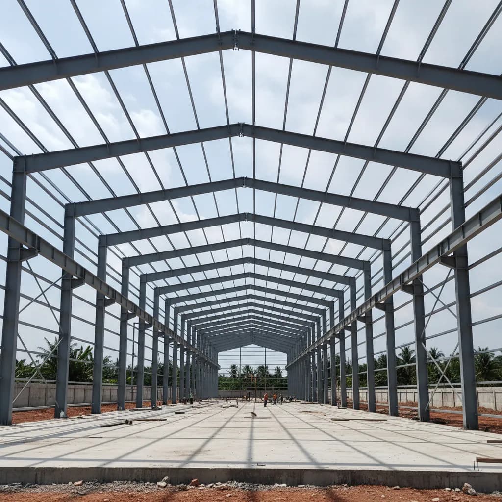 Gambar rangka konstruksi baja yang kuat dan presisi untuk bangunan modern, mendukung arsitektur inovatif.