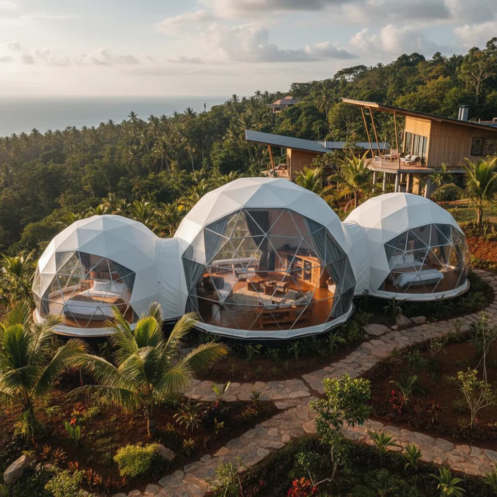 Tenda dome geodesik profesional untuk acara, glamping, atau eco-resort premium di lanskap Indonesia.