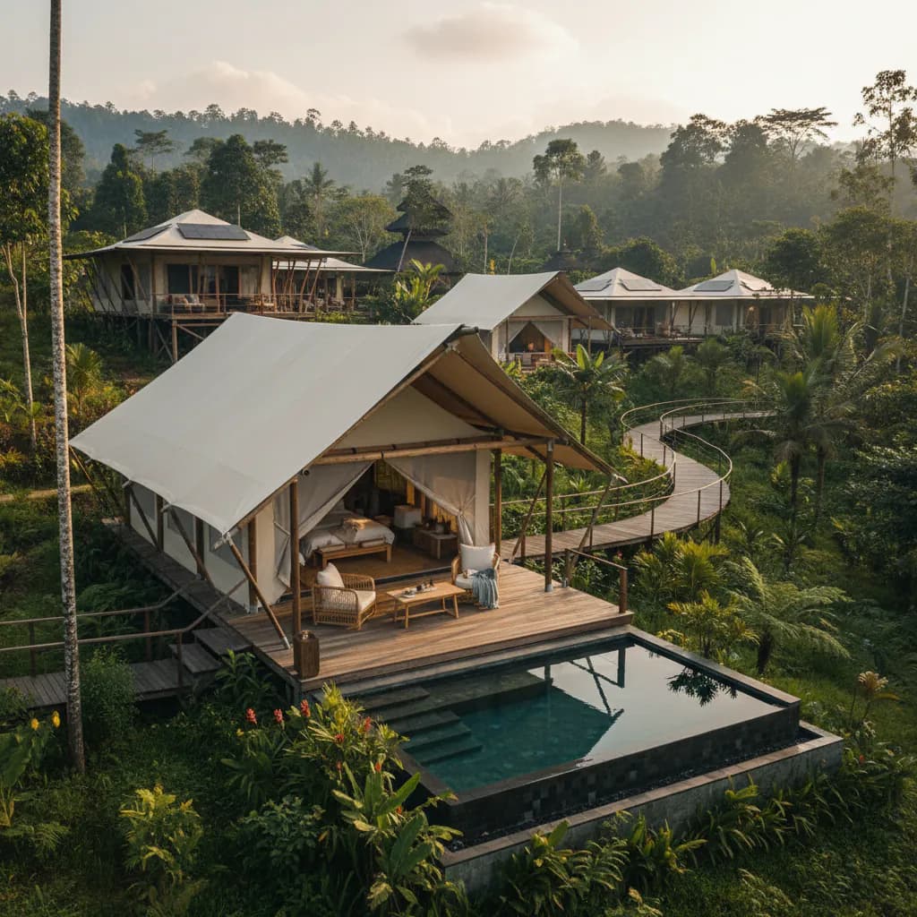 Tenda glamping mewah bergaya safari untuk resort eco lodge, akomodasi outdoor elegan dan modern.