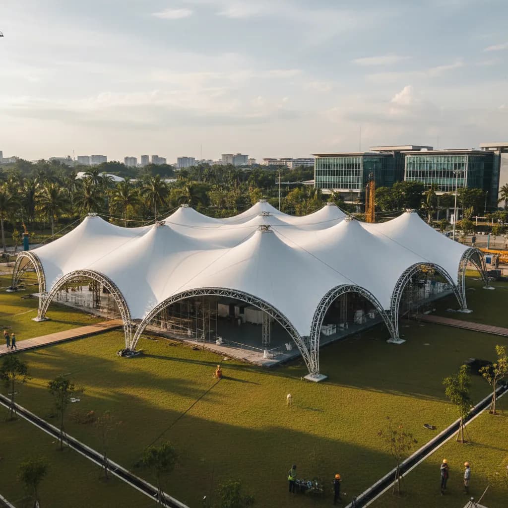 Foto profesional struktur tenda membrane besar modern. Desain arsitektur inovatif untuk acara outdoor.
