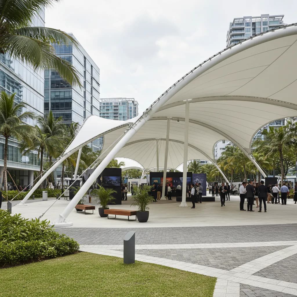 Foto profesional struktur tenda membrane besar, desain modern untuk event outdoor di Indonesia. Estetik & fungsional.