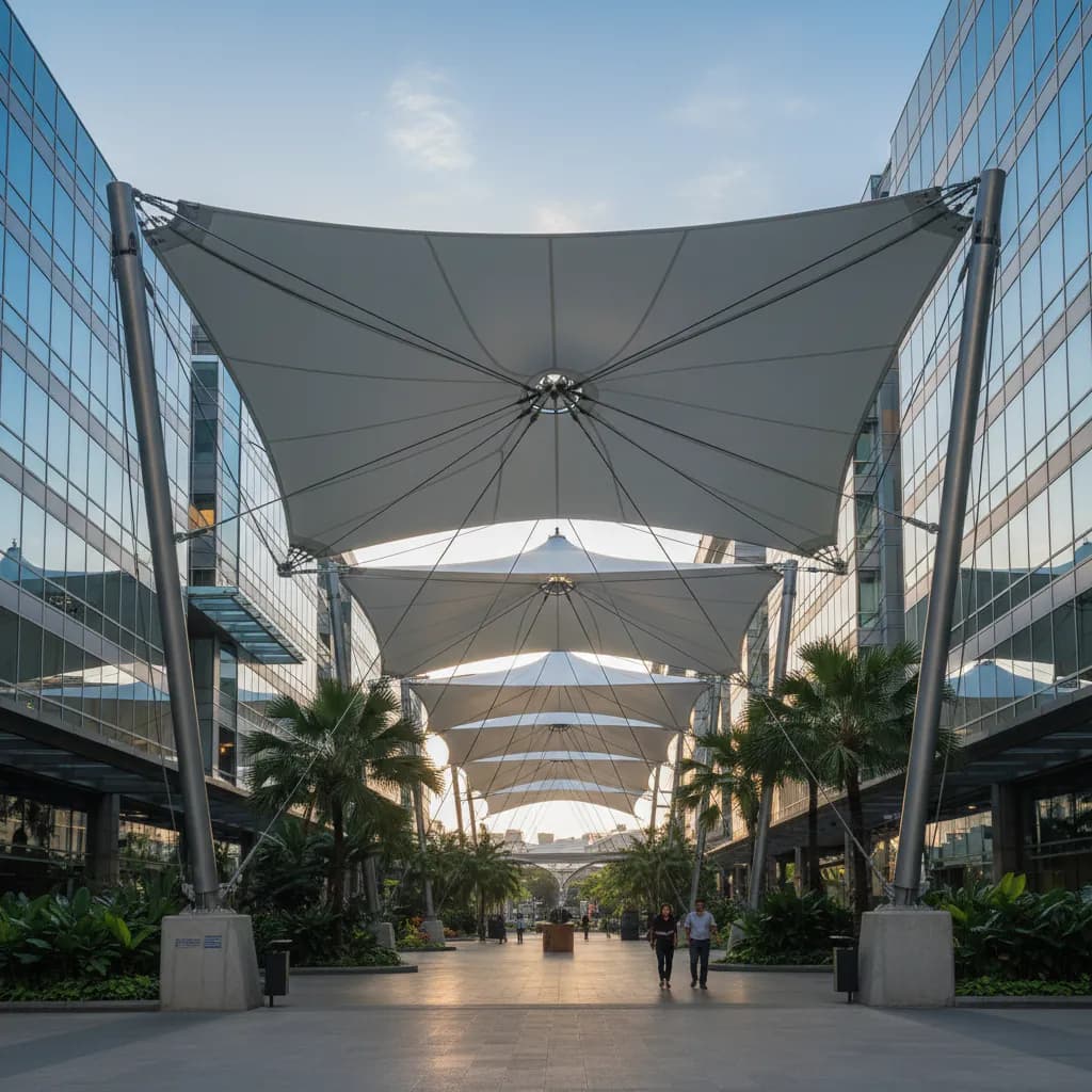 Arsitektur membran tarik modern yang fotorealistik, menampilkan kanopi kain elegan dan sistem tegangan kabel di Indonesia.