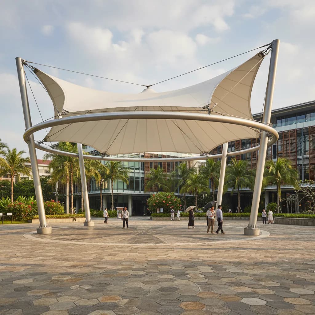 Gambar arsitektur Tensile Membrane modern, struktur atap kanopi inovatif dari PT Indo Membrane.