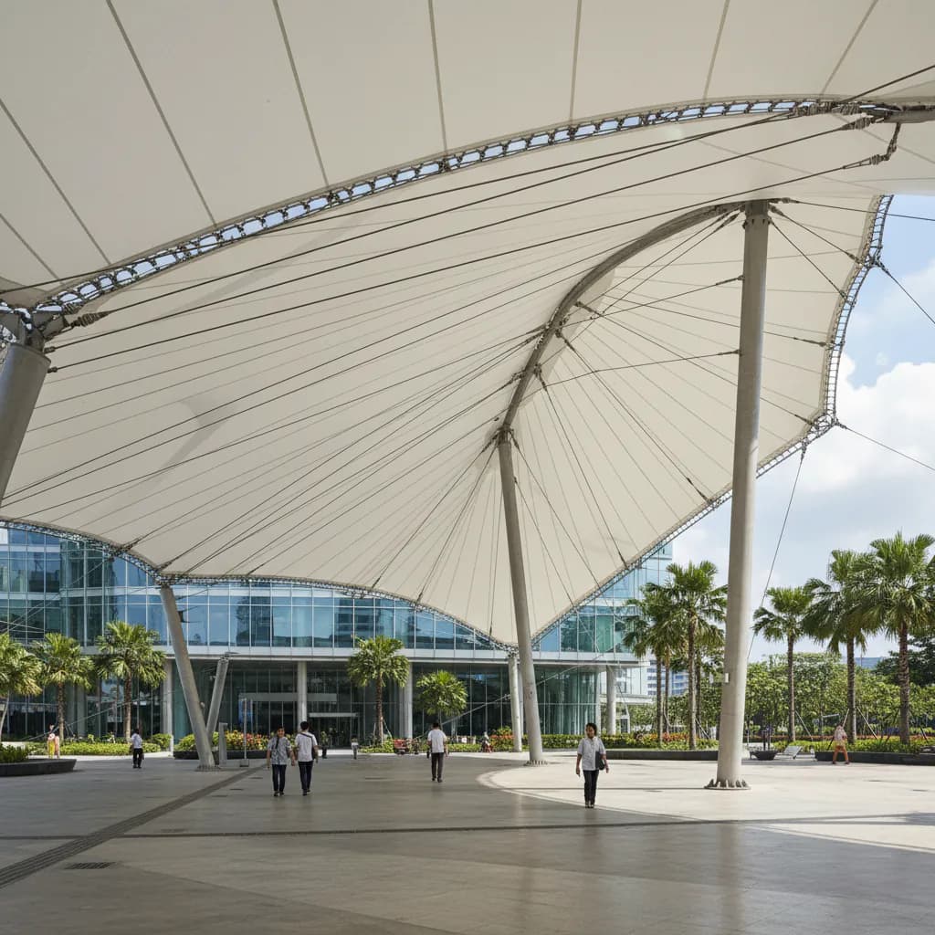 Struktur membran tarik modern di Indonesia, desain arsitektur inovatif dengan pencahayaan profesional.
