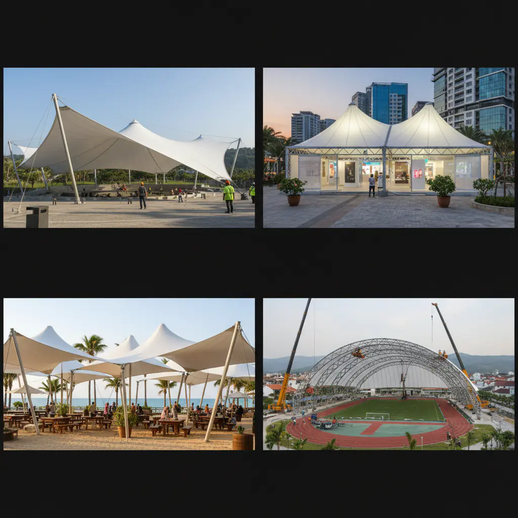 Okay, here is a photorealistic photograph showing the application of membrane tents in various locations within the real-worl