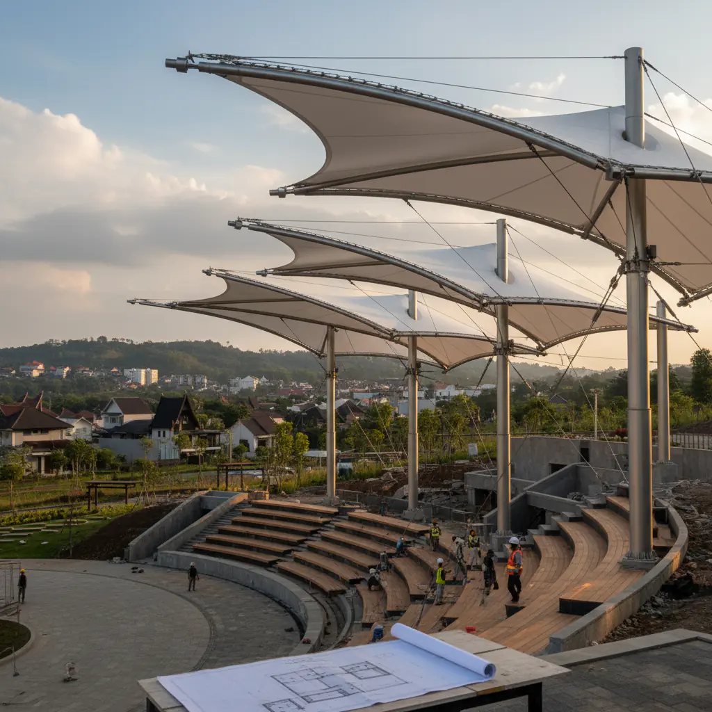 Absolutely! Here's a photorealistic image capturing the essence of realizing dream roofs in Bandung with membrane structures,