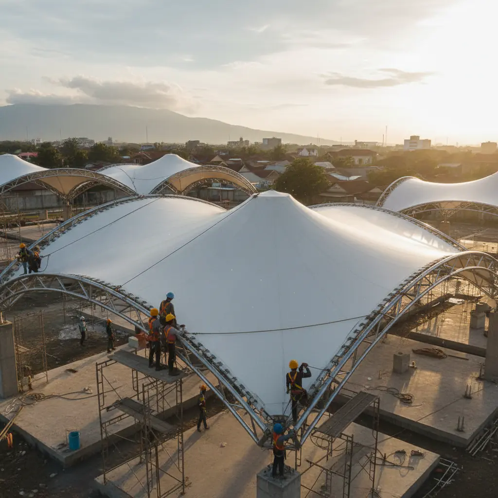 Sure! Here's a photorealistic image showing the professional installation process of a membrane tent in a real-world construc