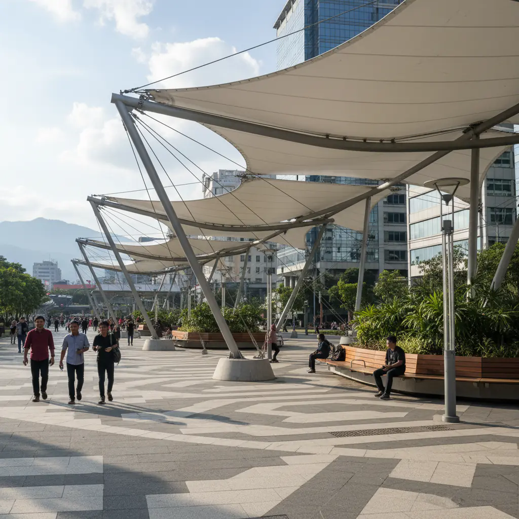 Here's a photorealistic photograph showing Tenda Membrane Bandung in a real-world context, designed with a professional archi