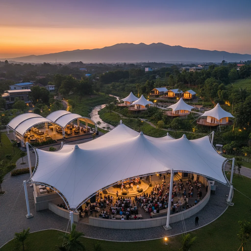 Here is a photorealistic photograph of a membrane tent application in Bogor:
