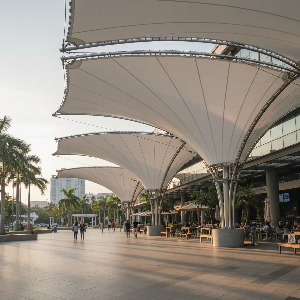Here's a photorealistic image showing a high-quality membrane canopy material in a real-world setting, consistent with profes