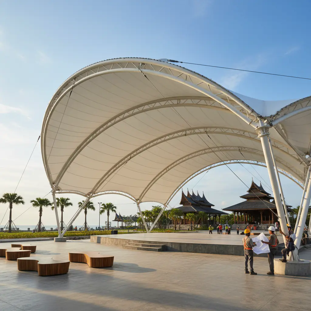 Here's a photorealistic image that fits your request, showcasing a canopy membrane in Aceh with a professional architectural