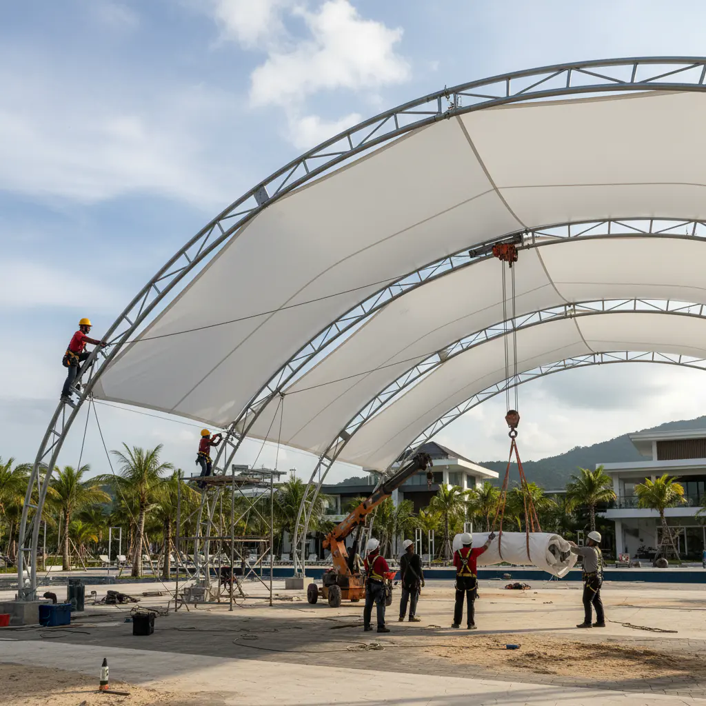 Proses Pemasangan Canopy Membrane oleh Indo Membrane - canopy membrane riau | PT INDO Membrane Konstruksi