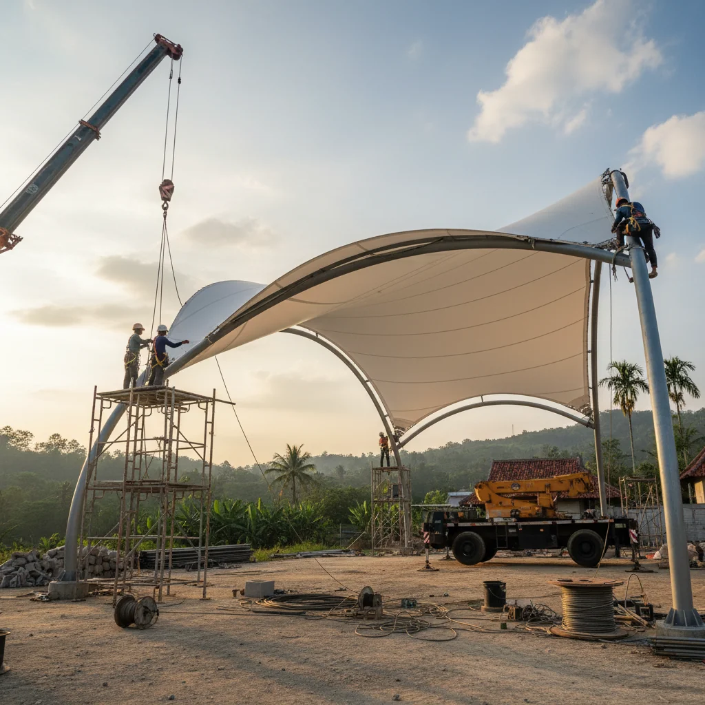 Okay, here's a photorealistic image showing the professional installation process of a membrane tent in a real-world context